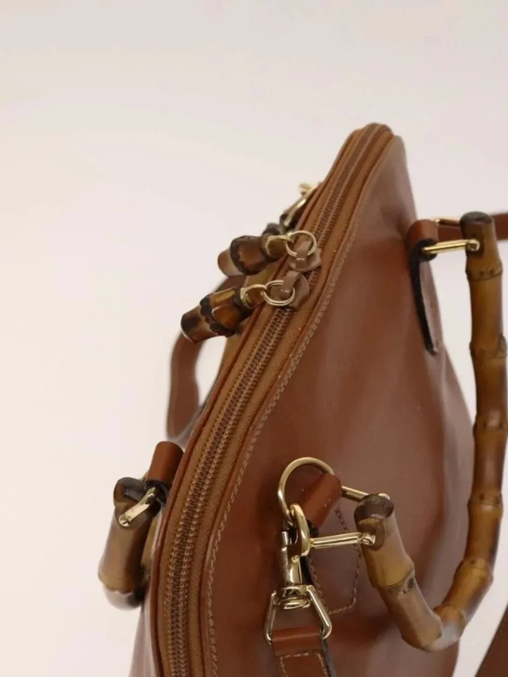 GUCCI Bamboo Hand Bag Leather 2way Brown Gold 000 122 0290 Auth
